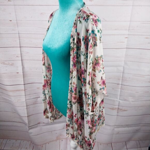 Mason + MacKenzie Pink Floral Open Cardigan Womens Size Medium Dolman Sleeves - Picture 6 of 11